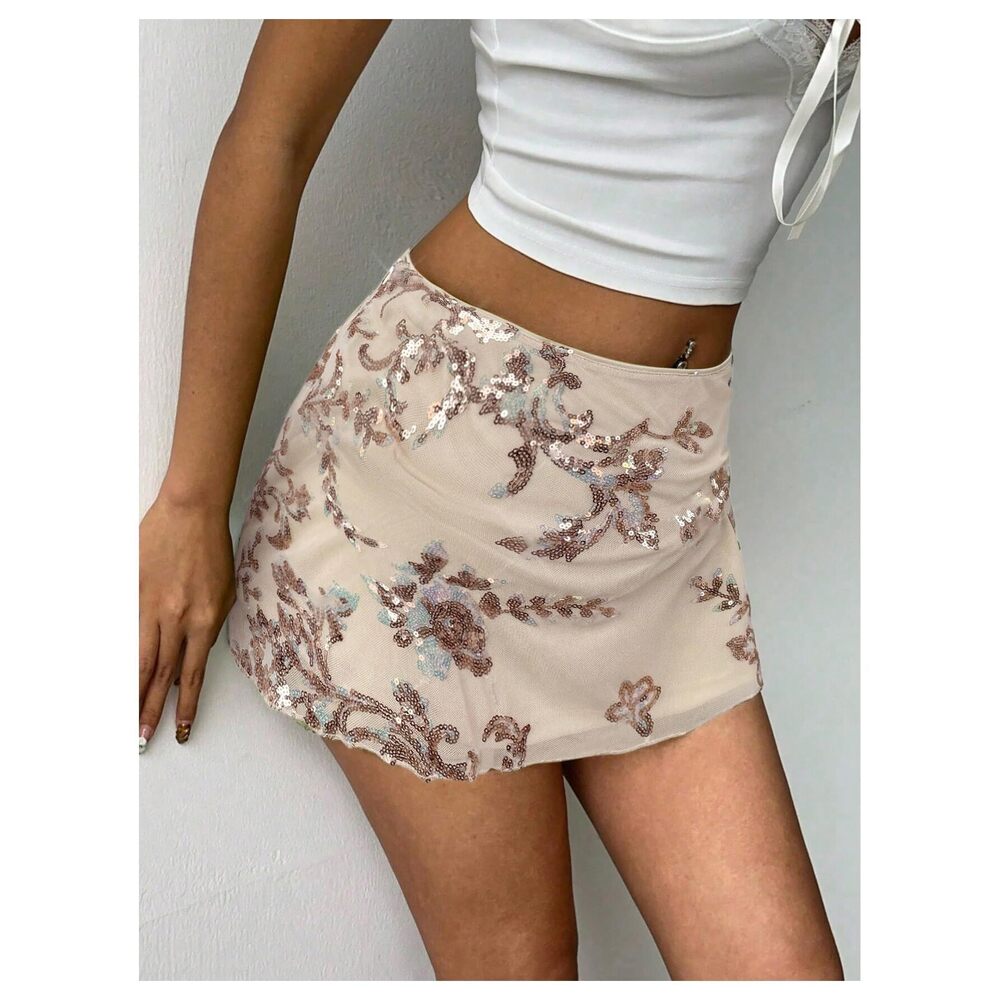 3308 Sequin Skirt Summer Floral Mesh Glitter Sparkly Mini Skirt Apricot - Picture 3 of 6